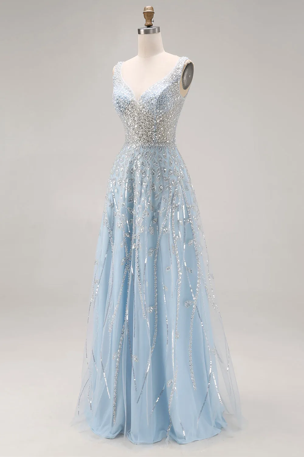 Sparkly Light Blue A-Line Beaded Long Prom Dress with Sequins sold by Zapaka product image thumbnail 3