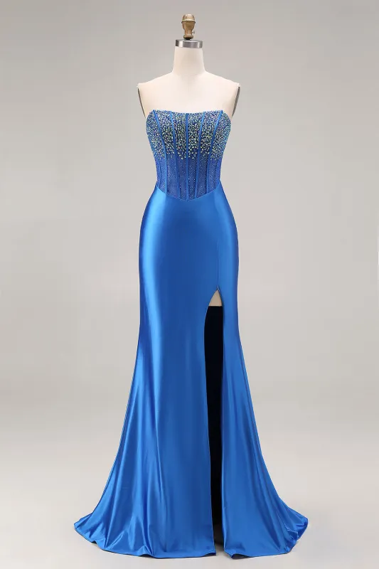 Royal Blue Strapless Mermaid Beaded Corset Long Prom Dress with Slit sold by Zapaka
