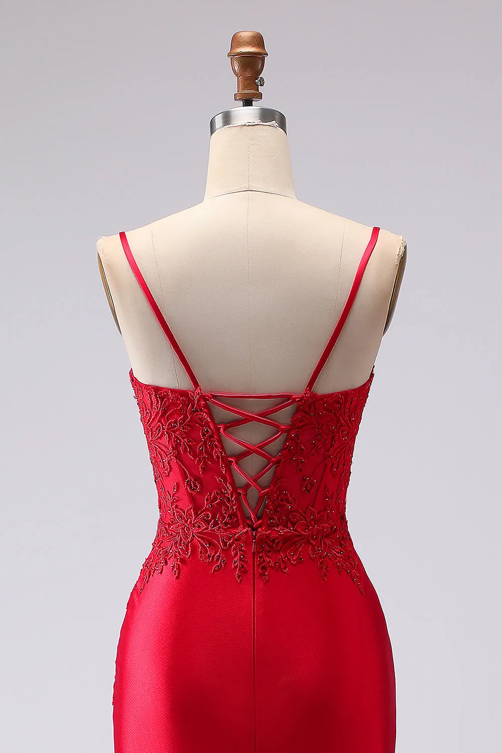 Red Satin Mermaid Embroidered Lace Up Back Long Prom Dress with Slit sold by Zapaka product image thumbnail 5