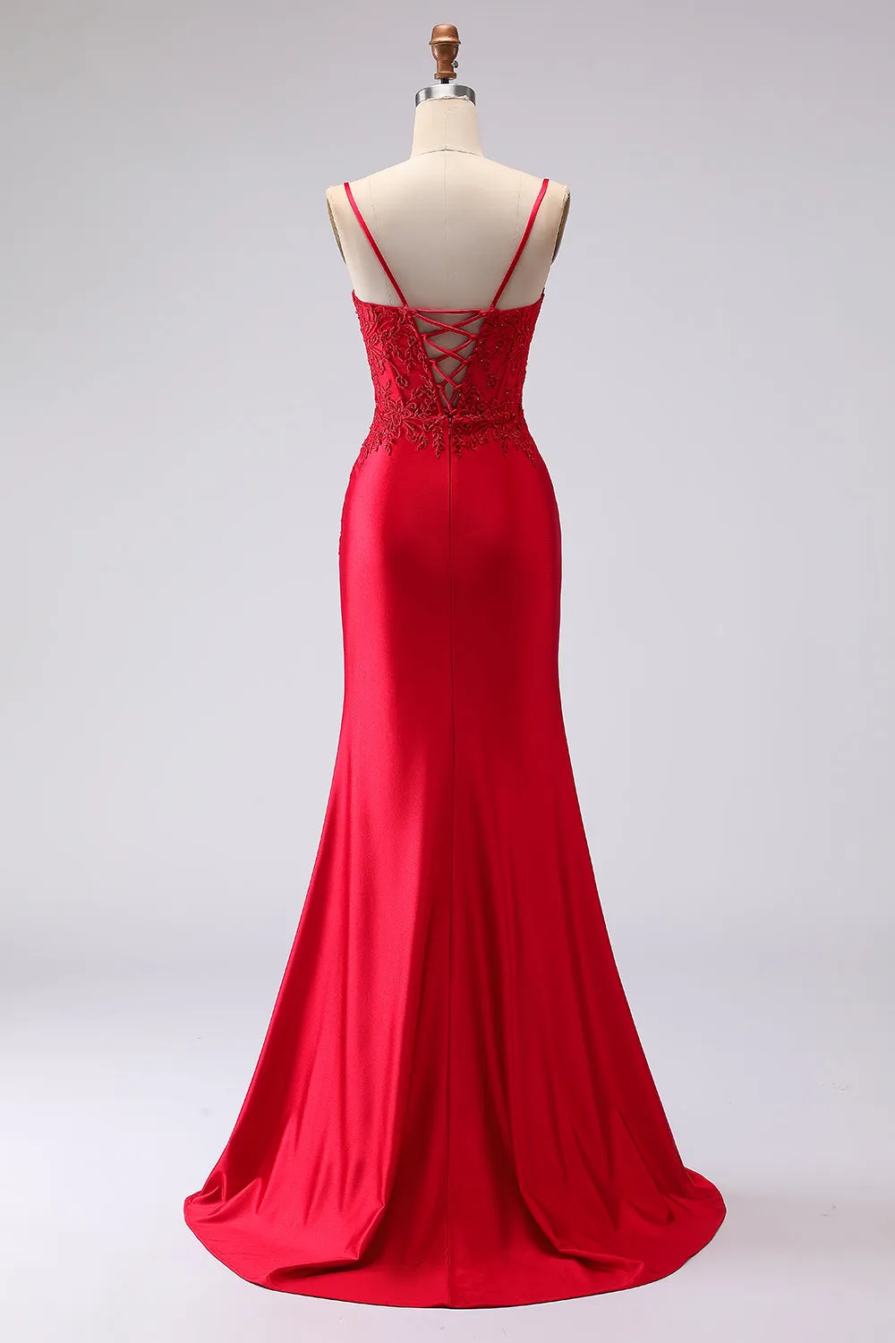 Red Satin Mermaid Embroidered Lace Up Back Long Prom Dress with Slit sold by Zapaka product image thumbnail 2