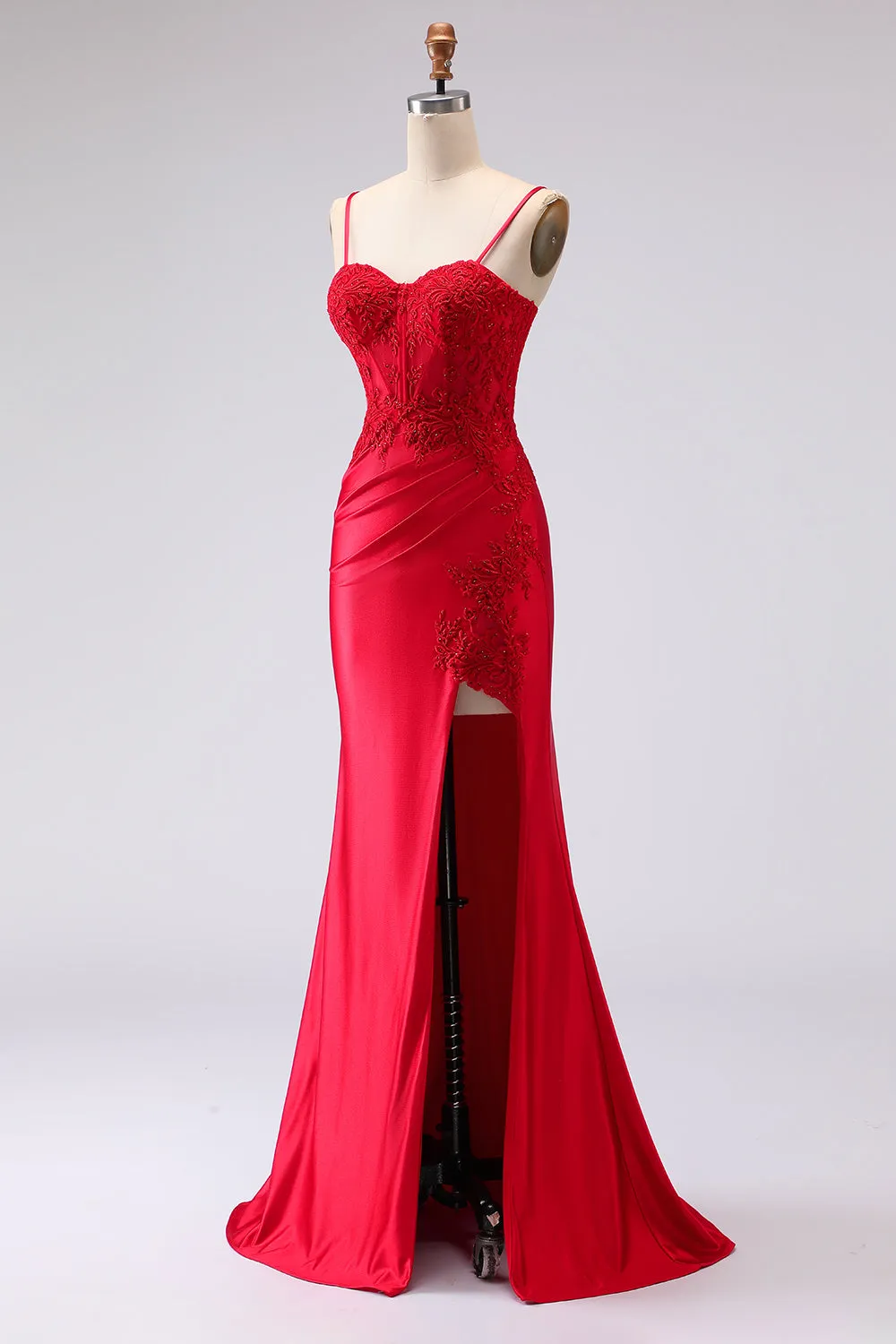 Red Satin Mermaid Embroidered Lace Up Back Long Prom Dress with Slit sold by Zapaka product image thumbnail 3