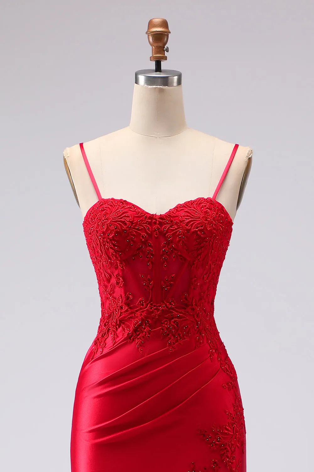 Red Satin Mermaid Embroidered Lace Up Back Long Prom Dress with Slit sold by Zapaka product image thumbnail 4