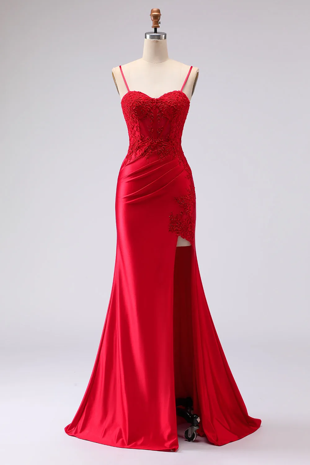 Red Satin Mermaid Embroidered Lace Up Back Long Prom Dress with Slit sold by Zapaka