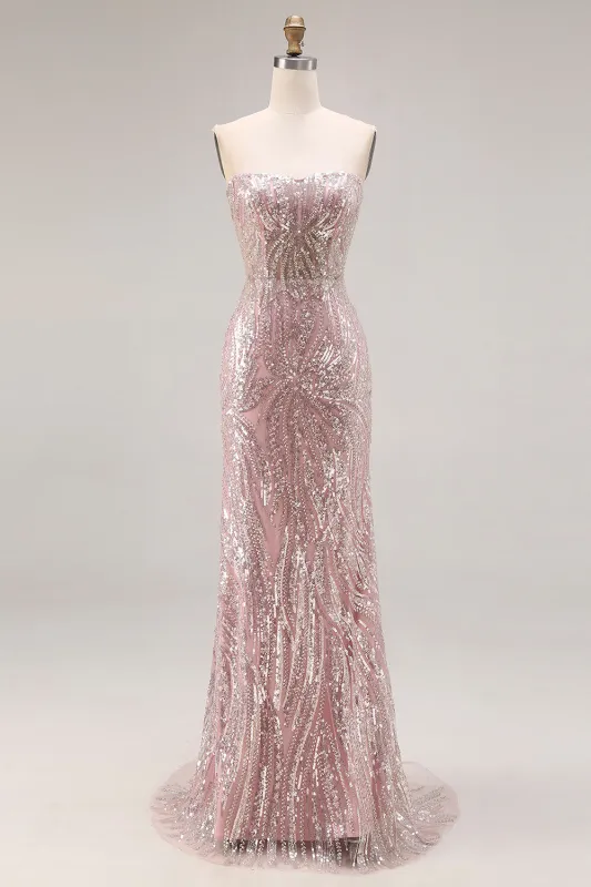 Sparkly Light Pink Strapless Sheath Long Prom Dress with Sequins sold by Zapaka