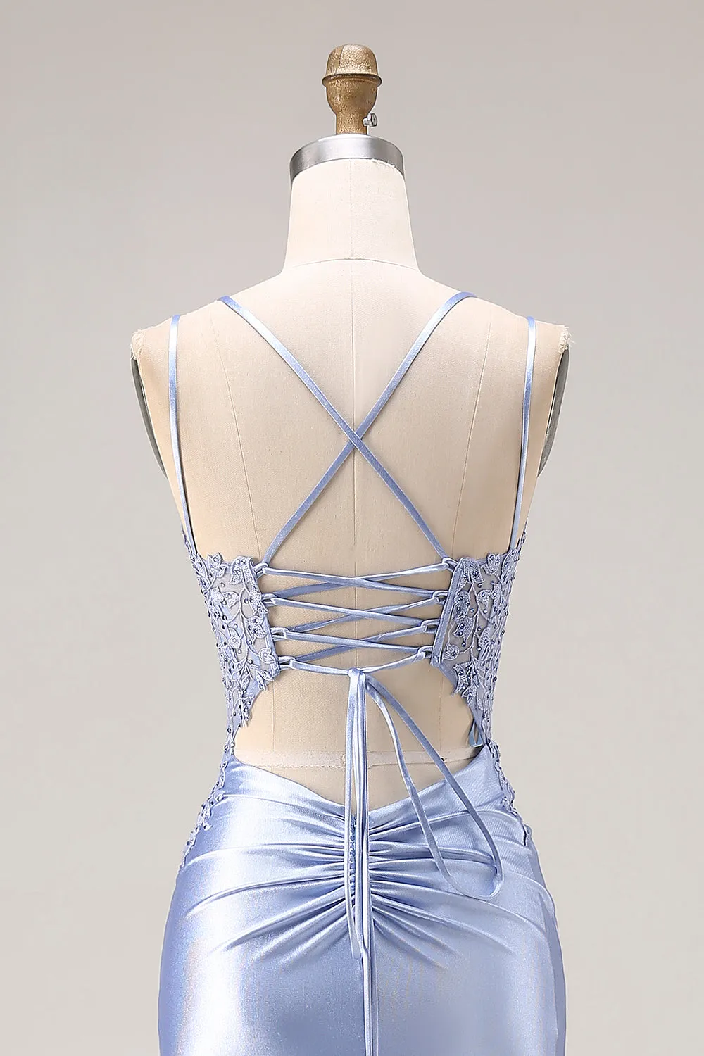 Dusty Blue Mermaid Beaded Satin Corset Long Prom Dress with Slit sold by Zapaka product image thumbnail 5
