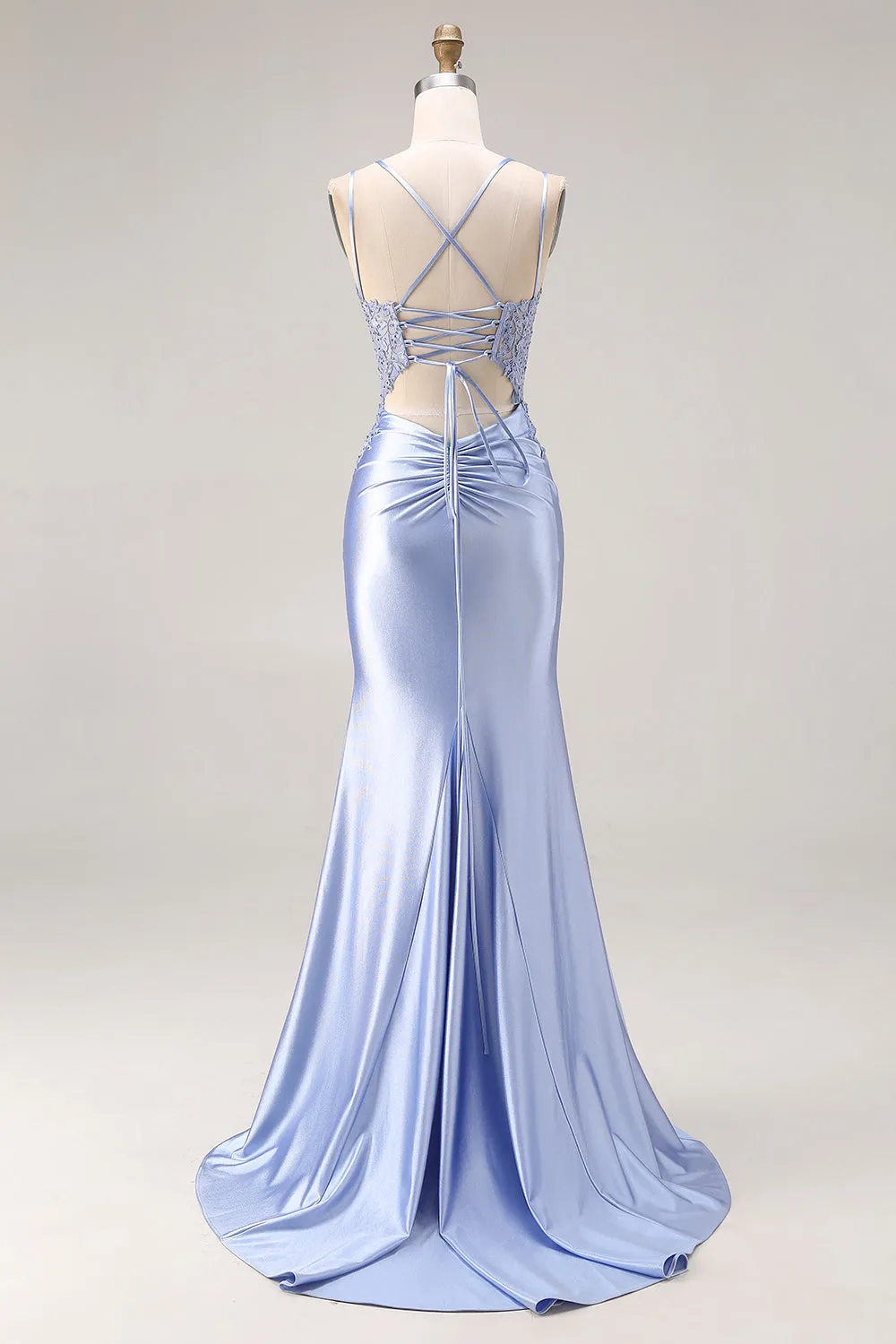 Dusty Blue Mermaid Beaded Satin Corset Long Prom Dress with Slit sold by Zapaka product image thumbnail 2