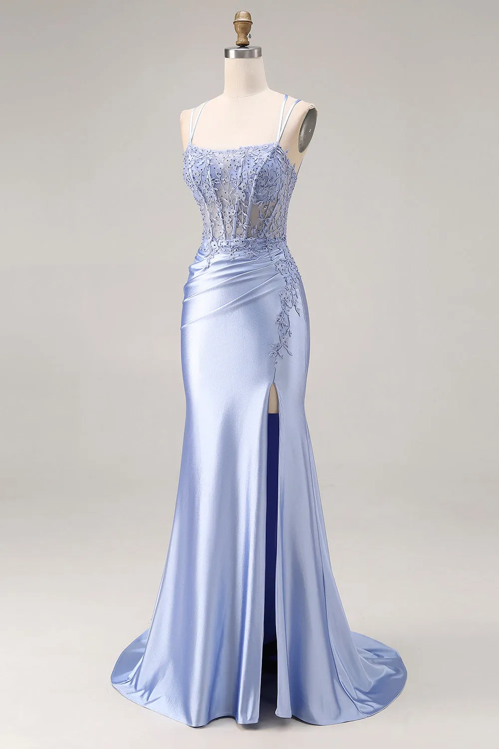 Dusty Blue Mermaid Beaded Satin Corset Long Prom Dress with Slit sold by Zapaka product image thumbnail 3