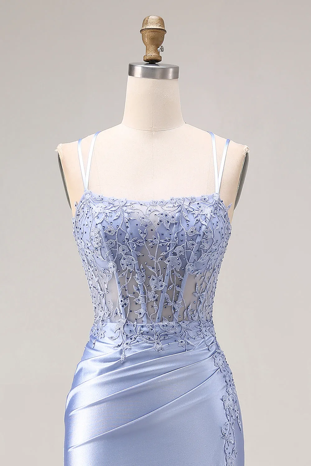 Dusty Blue Mermaid Beaded Satin Corset Long Prom Dress with Slit sold by Zapaka product image thumbnail 4