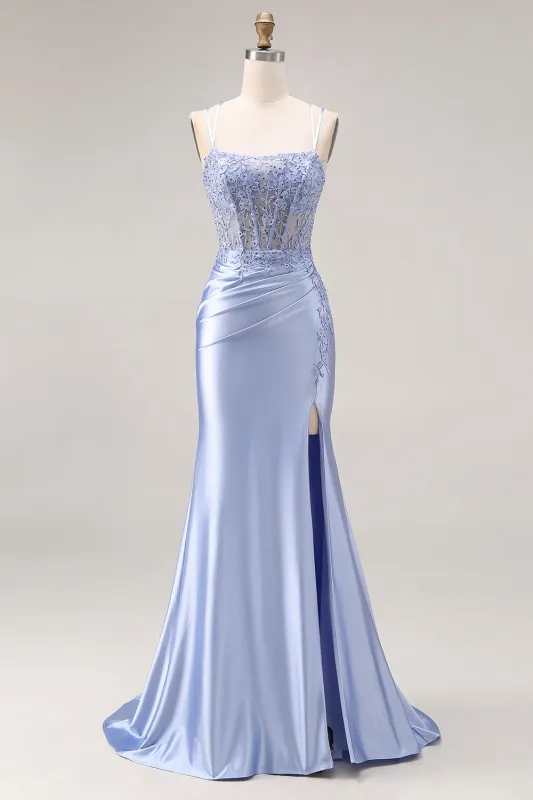 Dusty Blue Mermaid Beaded Satin Corset Long Prom Dress with Slit sold by Zapaka