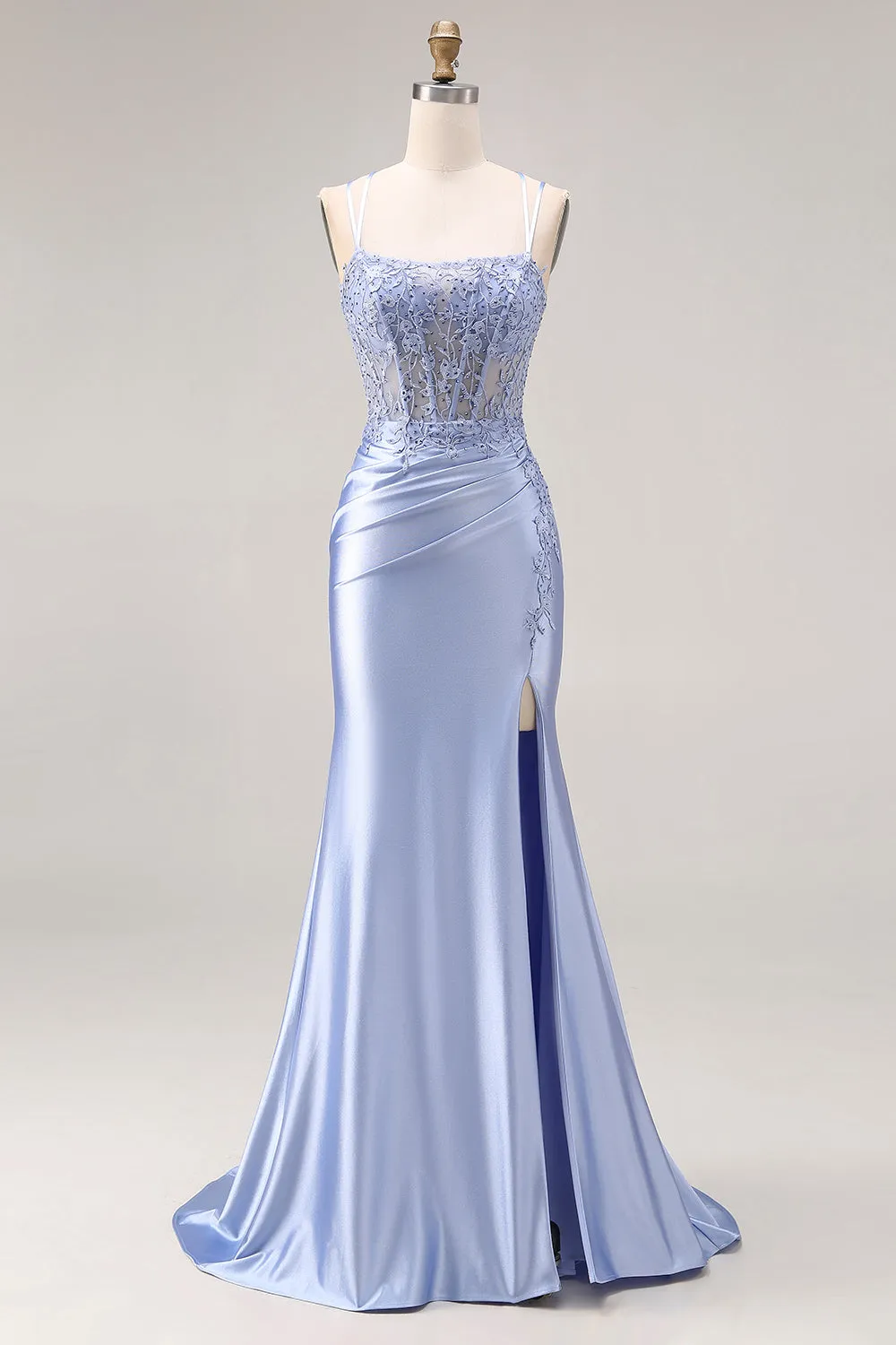 Dusty Blue Mermaid Beaded Satin Corset Long Prom Dress with Slit sold by Zapaka