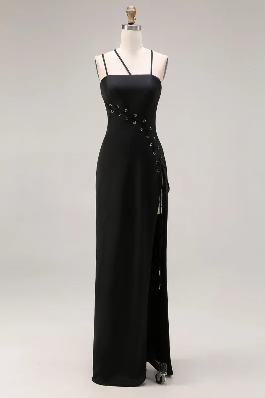 Black Sheath Satin Spaghetti Straps Long Formal Dress with Slit sold by Zapaka