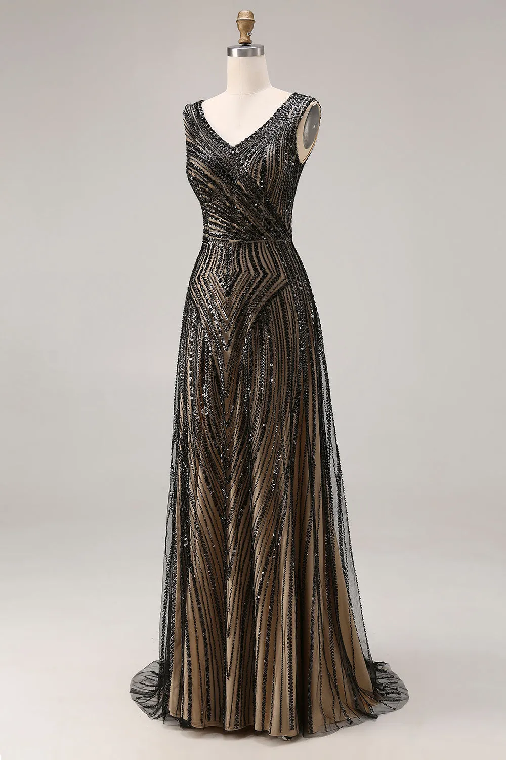 Sparkly Black Sheath V-Neck Beaded Long Prom Dress with Sequins sold by Zapaka product image thumbnail 3