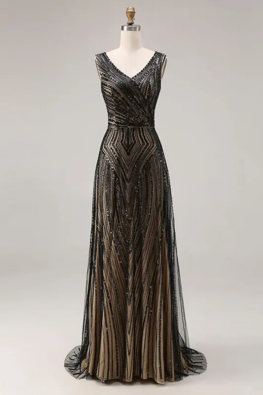 Sparkly Black Sheath V-Neck Beaded Long Prom Dress with Sequins made by Zapaka