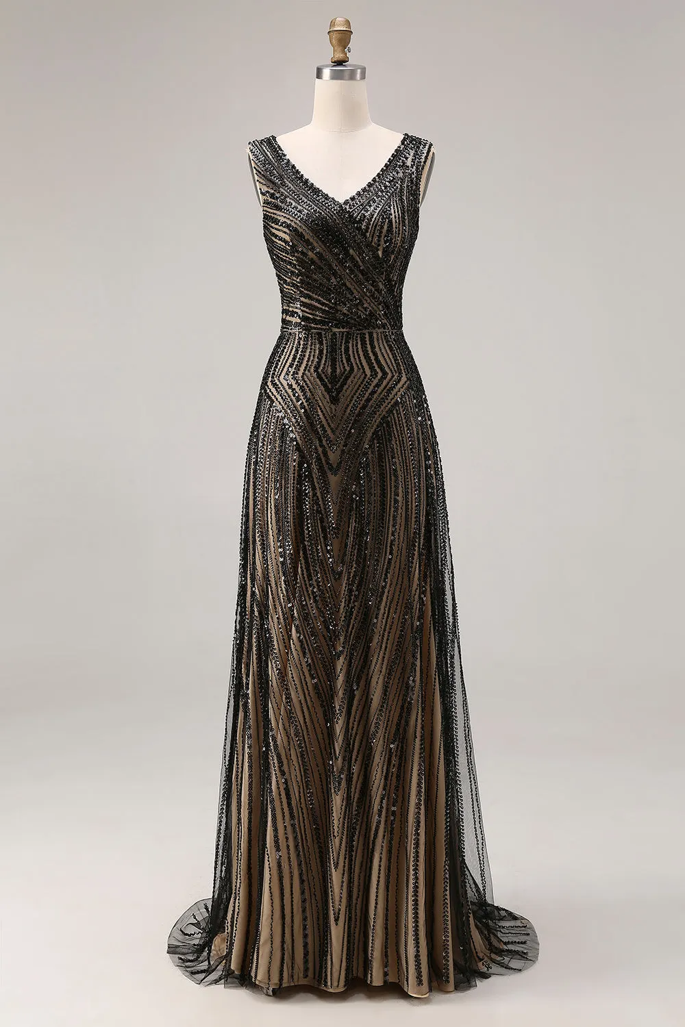 Sparkly Black Sheath V-Neck Beaded Long Prom Dress with Sequins sold by Zapaka