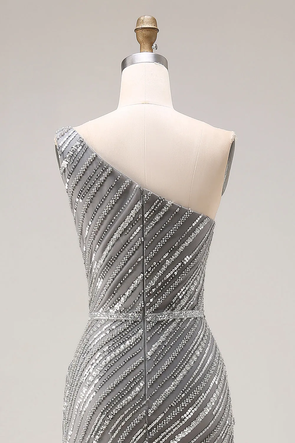 Sparkly Silver One Shoulder Mermaid Sequin Long Prom Dress with Slit sold by Zapaka product image thumbnail 5
