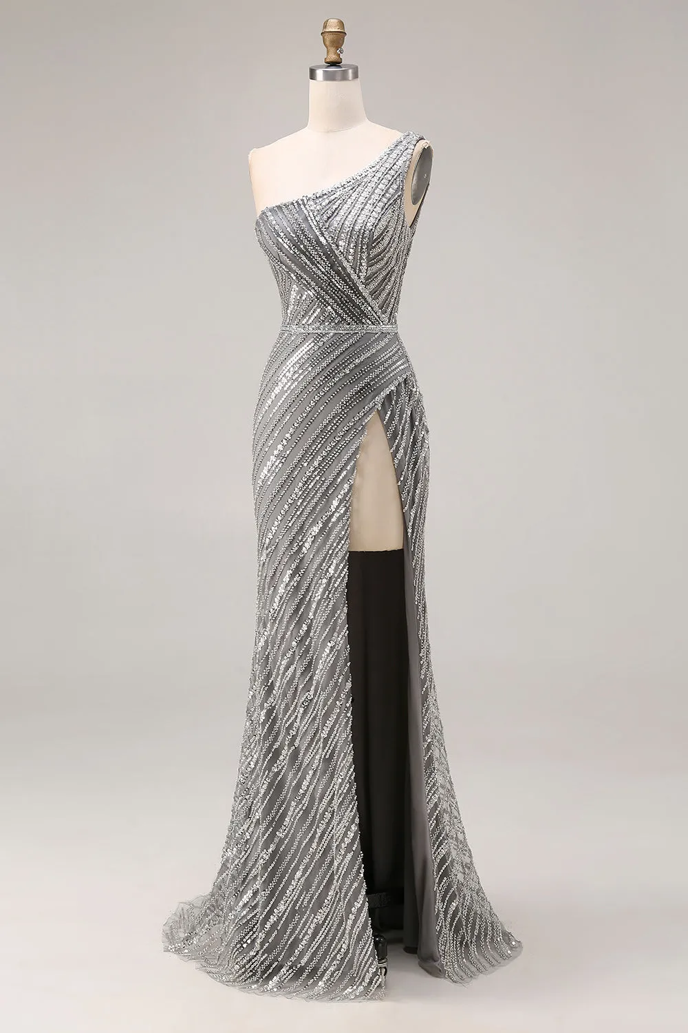 Sparkly Silver One Shoulder Mermaid Sequin Long Prom Dress with Slit sold by Zapaka product image thumbnail 3
