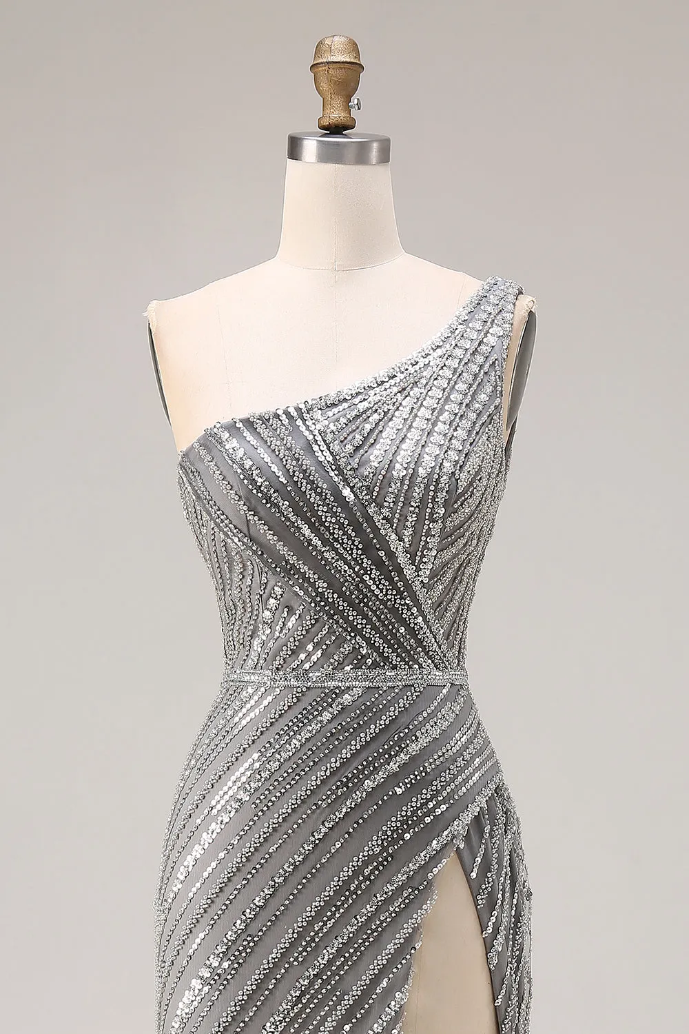 Sparkly Silver One Shoulder Mermaid Sequin Long Prom Dress with Slit sold by Zapaka product image thumbnail 4