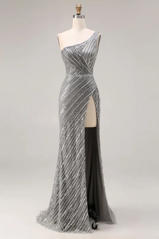 Sparkly Silver One Shoulder Mermaid Sequin Long Prom Dress with Slit sold by Zapaka