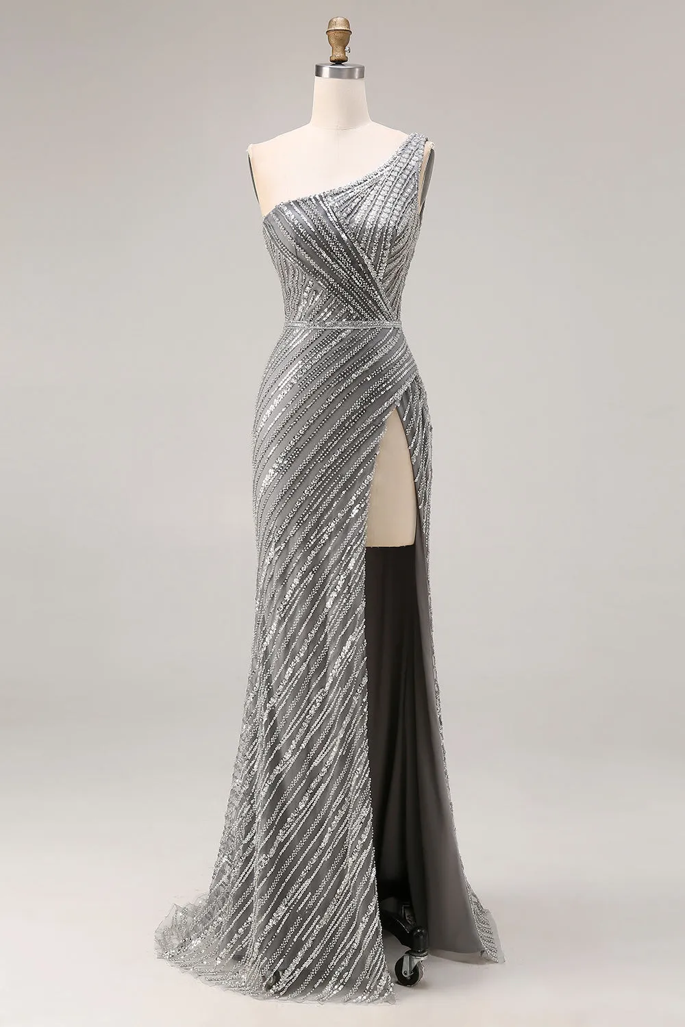Sparkly Silver One Shoulder Mermaid Sequin Long Prom Dress with Slit sold by Zapaka
