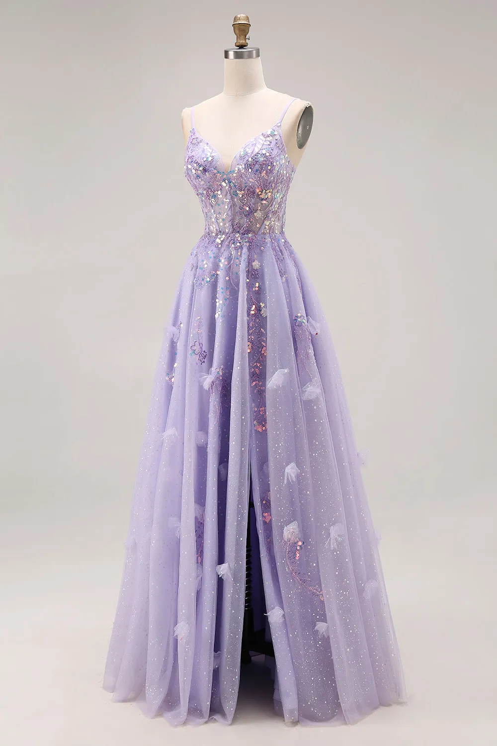 Light Purple A-Line Beaded Sequin Lace Up Back Long Prom Dress with Slit sold by Zapaka product image thumbnail 3