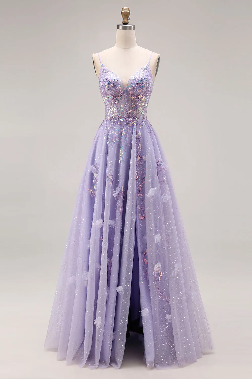 Light Purple A-Line Beaded Sequin Lace Up Back Long Prom Dress with Slit sold by Zapaka