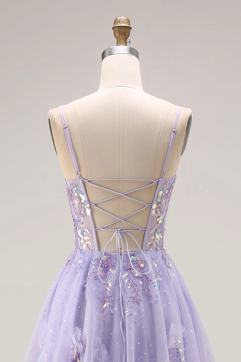 Light Purple A-Line Beaded Sequin Lace Up Back Long Prom Dress with Slit sold by Zapaka product image thumbnail 5