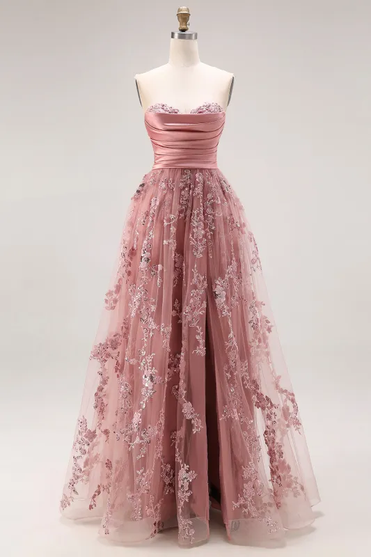 Dusty Rose Strapless A-Line Embroidered Beaded Long Prom Dress with Slit sold by Zapaka