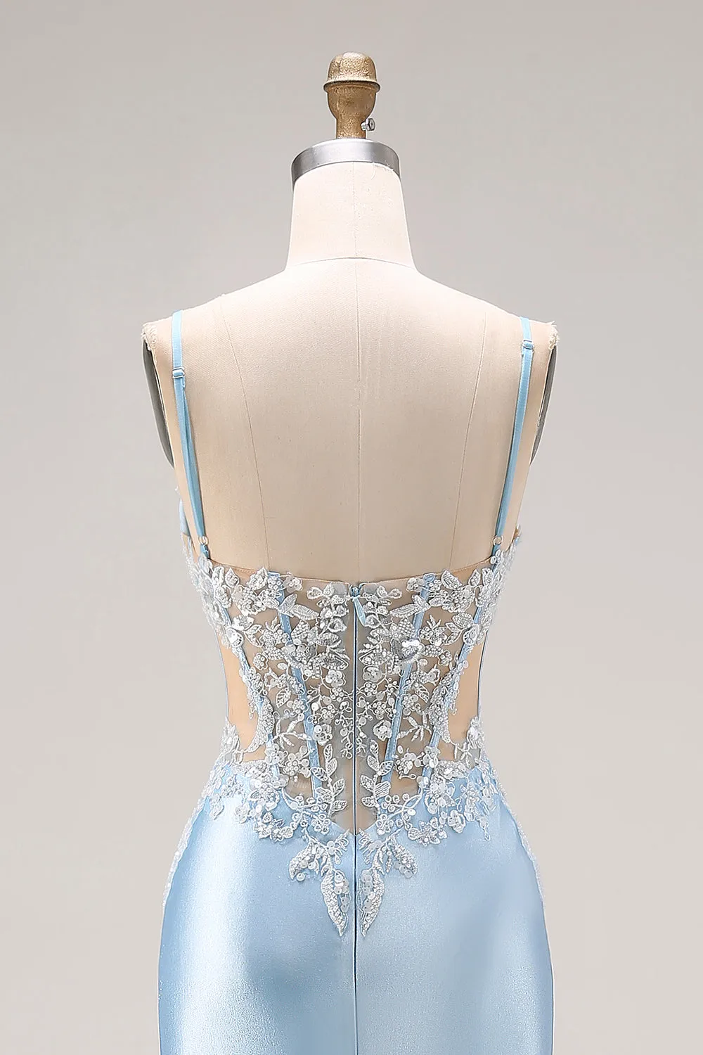 Sky Blue Mermaid Cut Out Corset Long Satin Prom Dress with Beading sold by Zapaka product image thumbnail 5