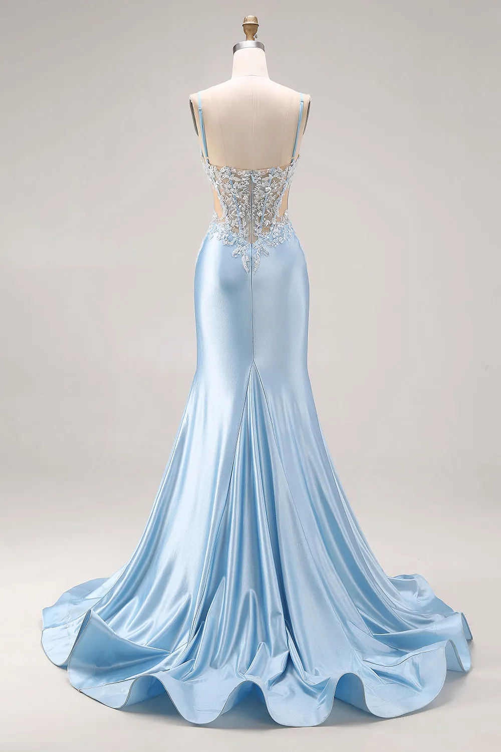 Sky Blue Mermaid Cut Out Corset Long Satin Prom Dress with Beading sold by Zapaka product image thumbnail 2
