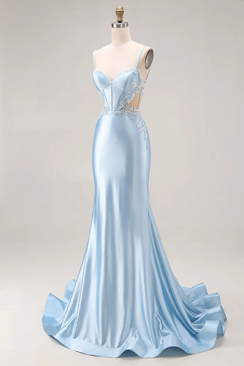 Sky Blue Mermaid Cut Out Corset Long Satin Prom Dress with Beading sold by Zapaka product image thumbnail 3