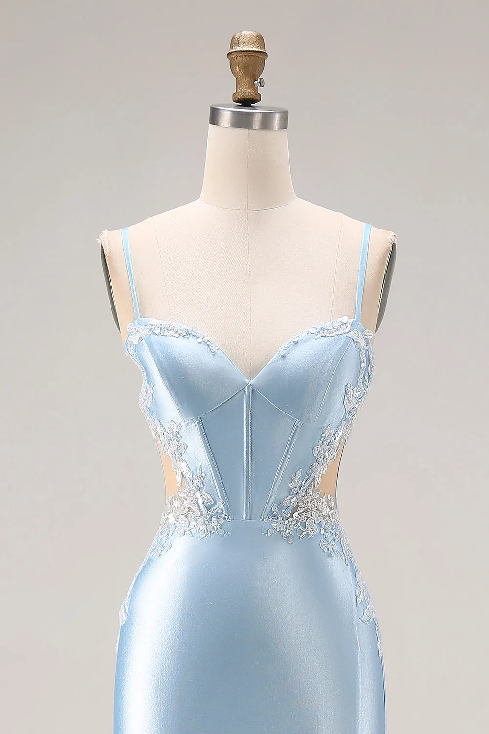 Sky Blue Mermaid Cut Out Corset Long Satin Prom Dress with Beading sold by Zapaka product image thumbnail 4