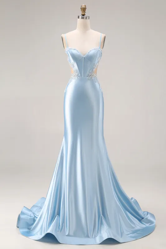 Sky Blue Mermaid Cut Out Corset Long Satin Prom Dress with Beading sold by Zapaka