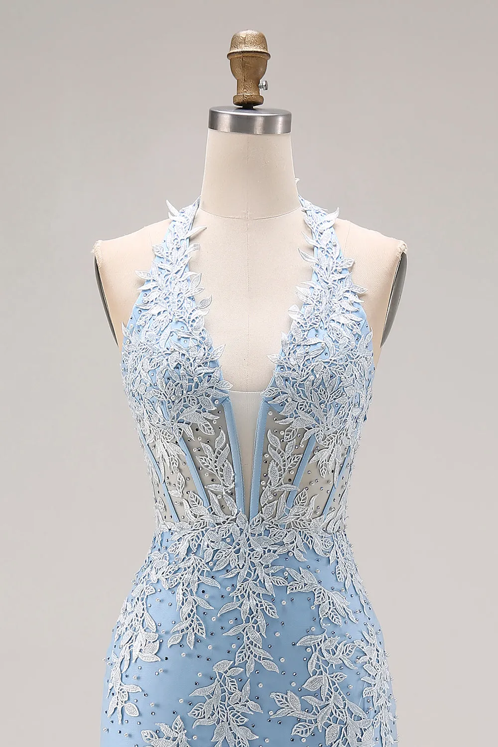 Sky Blue Halter Mermaid Beaded Corset Applique Long Prom Dress with Slit sold by Zapaka product image thumbnail 4