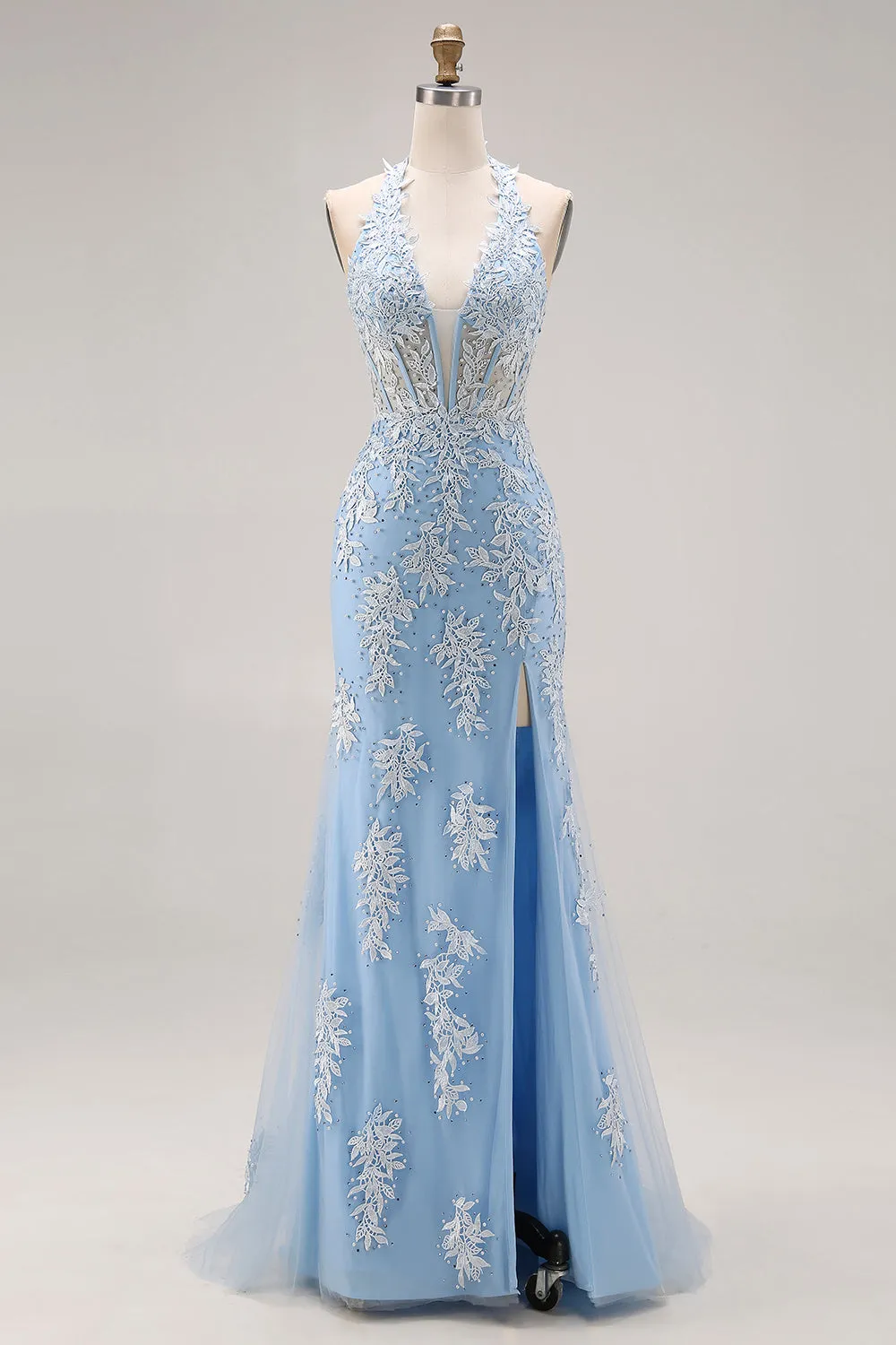 Sky Blue Halter Mermaid Beaded Corset Applique Long Prom Dress with Slit sold by Zapaka