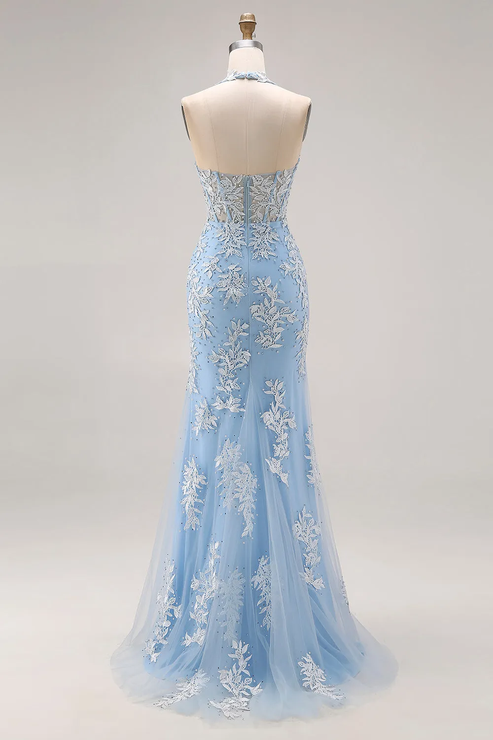 Sky Blue Halter Mermaid Beaded Corset Applique Long Prom Dress with Slit sold by Zapaka product image thumbnail 2