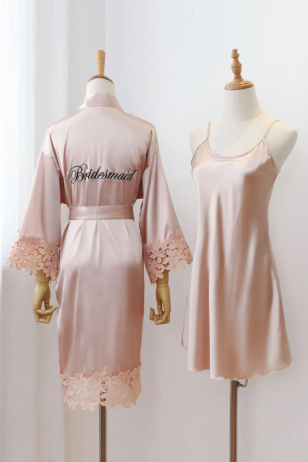Champagne Satin Bride and Bridesmaid Robe with Lace sold by Zapaka