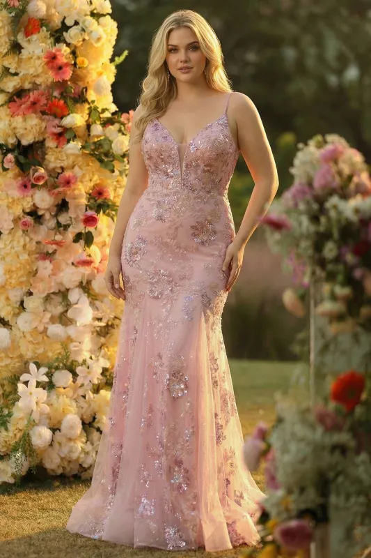 Sparkly Blush Mermaid V-Neck Plus Size Long Prom Dress with Sequins made by Zapaka