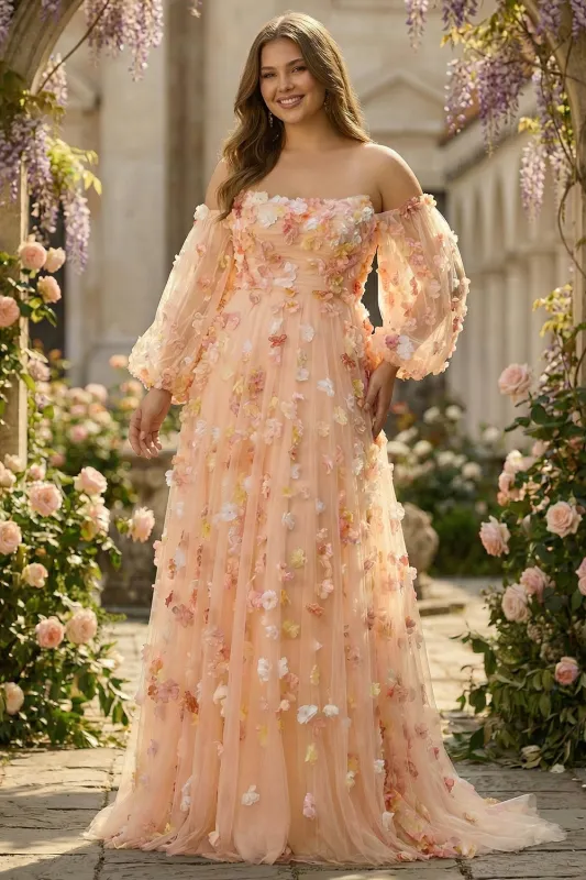 Champagne Strapless A Line 3D Flowers Plus Size Long Prom Dress with Removable Sleeves sold by Zapaka