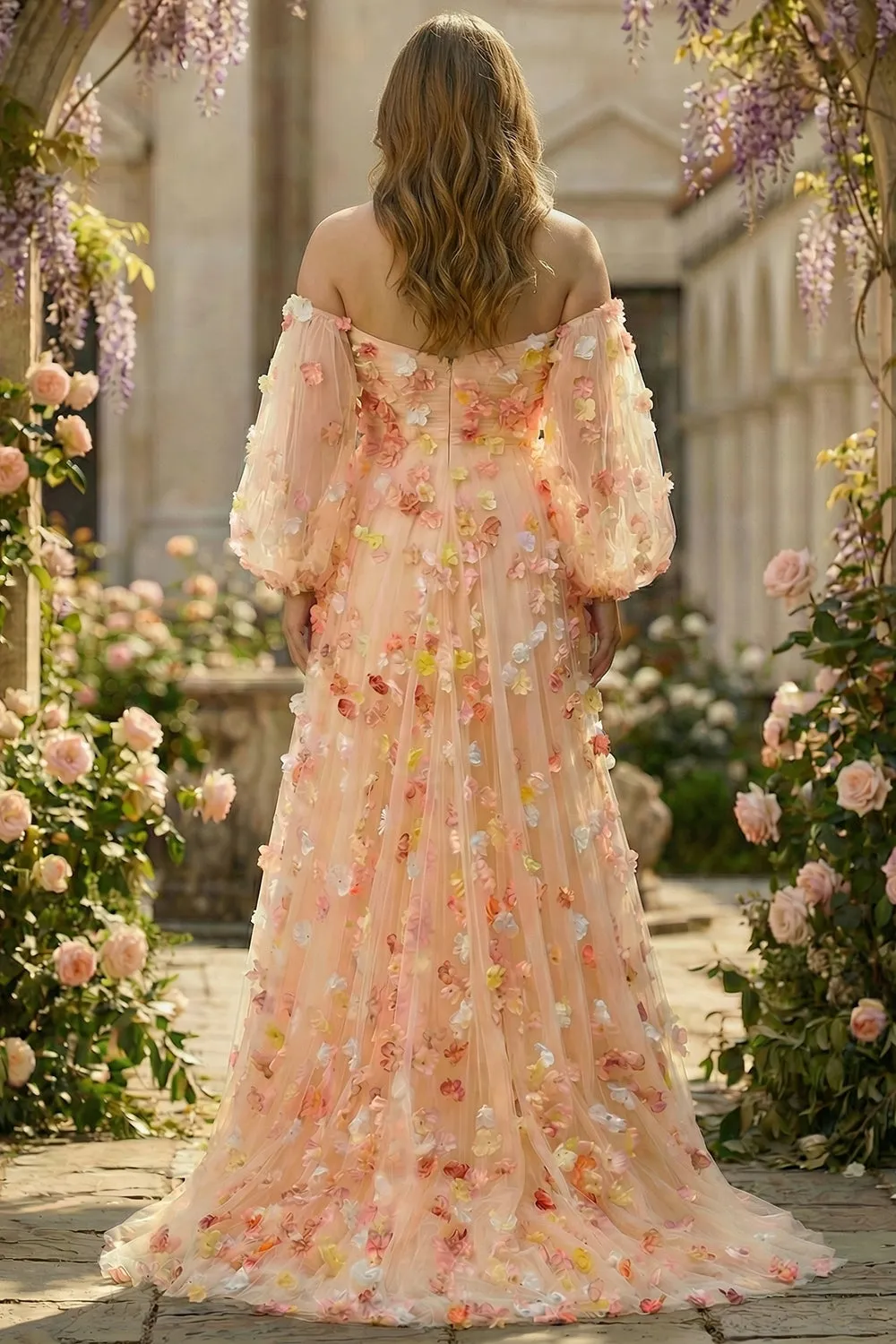 Champagne Strapless A Line 3D Flowers Plus Size Long Prom Dress with Removable Sleeves sold by Zapaka product image thumbnail 2