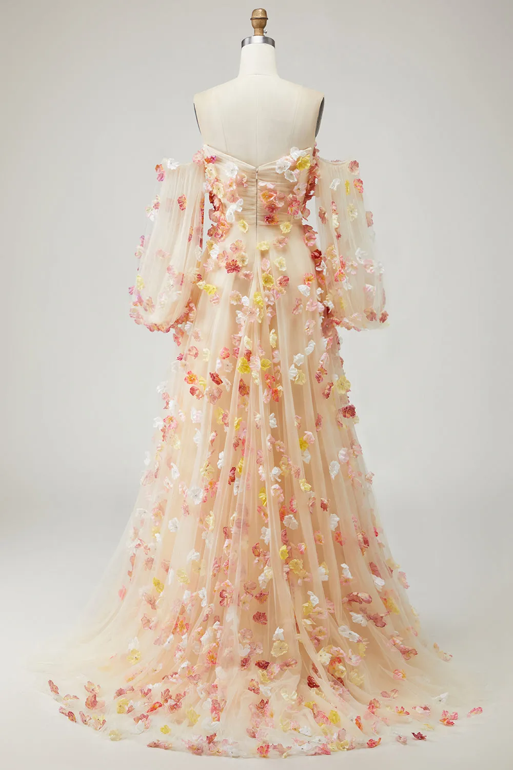 Champagne Strapless A Line 3D Flowers Plus Size Long Prom Dress with Removable Sleeves sold by Zapaka product image thumbnail 5