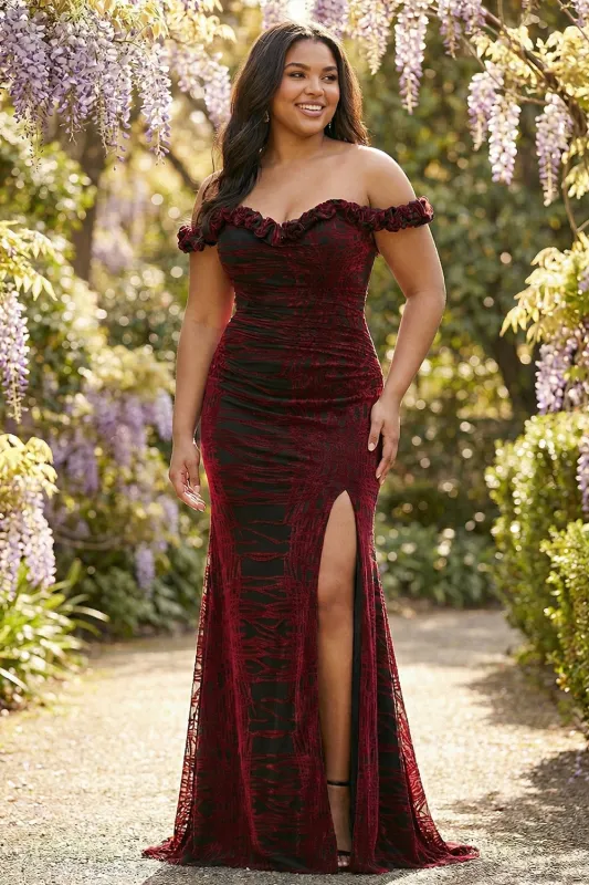 Off the Shoulder Black Red Mermaid Corset Plus Size Long Prom Dress with Slit sold by Zapaka