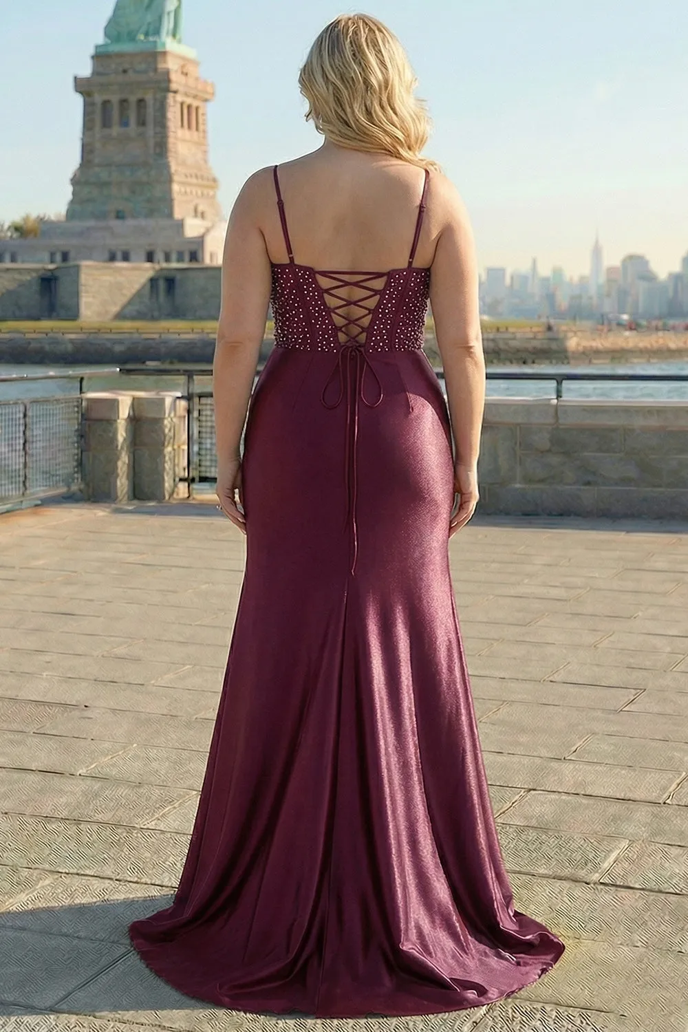 Burgundy Mermaid Beaded Embroidered Plus Size Long Prom Dress with Slit sold by Zapaka product image thumbnail 2