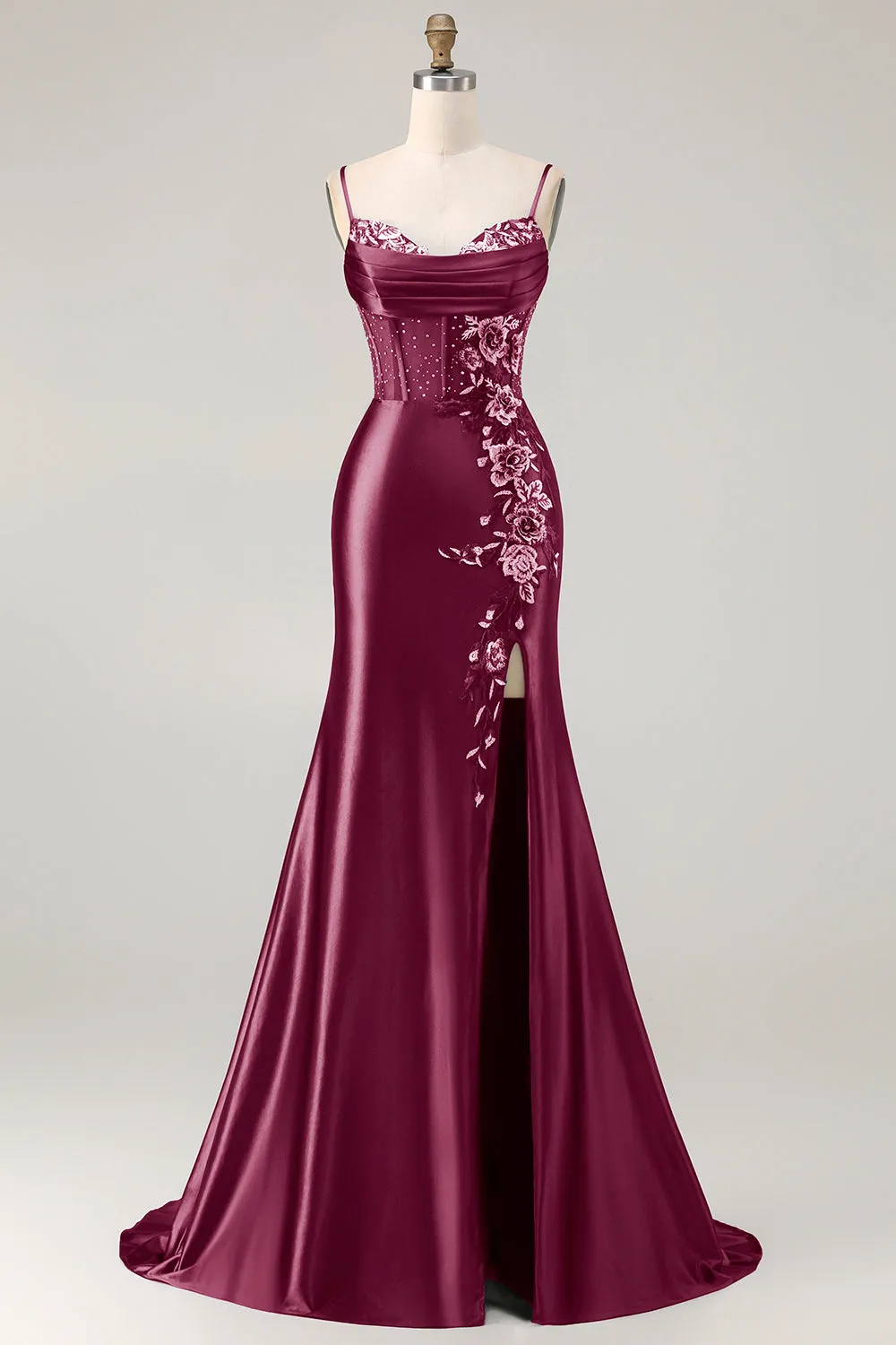 Burgundy Mermaid Beaded Embroidered Plus Size Long Prom Dress with Slit sold by Zapaka product image thumbnail 4