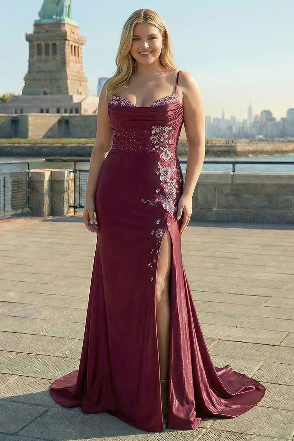 Burgundy Mermaid Beaded Embroidered Plus Size Long Prom Dress with Slit sold by Zapaka
