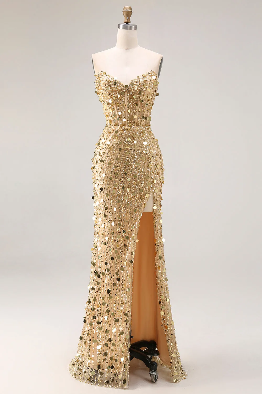 Sparkly Golden Strapless Sequins Sheath Plus Size Long Prom Dress with Slit sold by Zapaka product image thumbnail 4