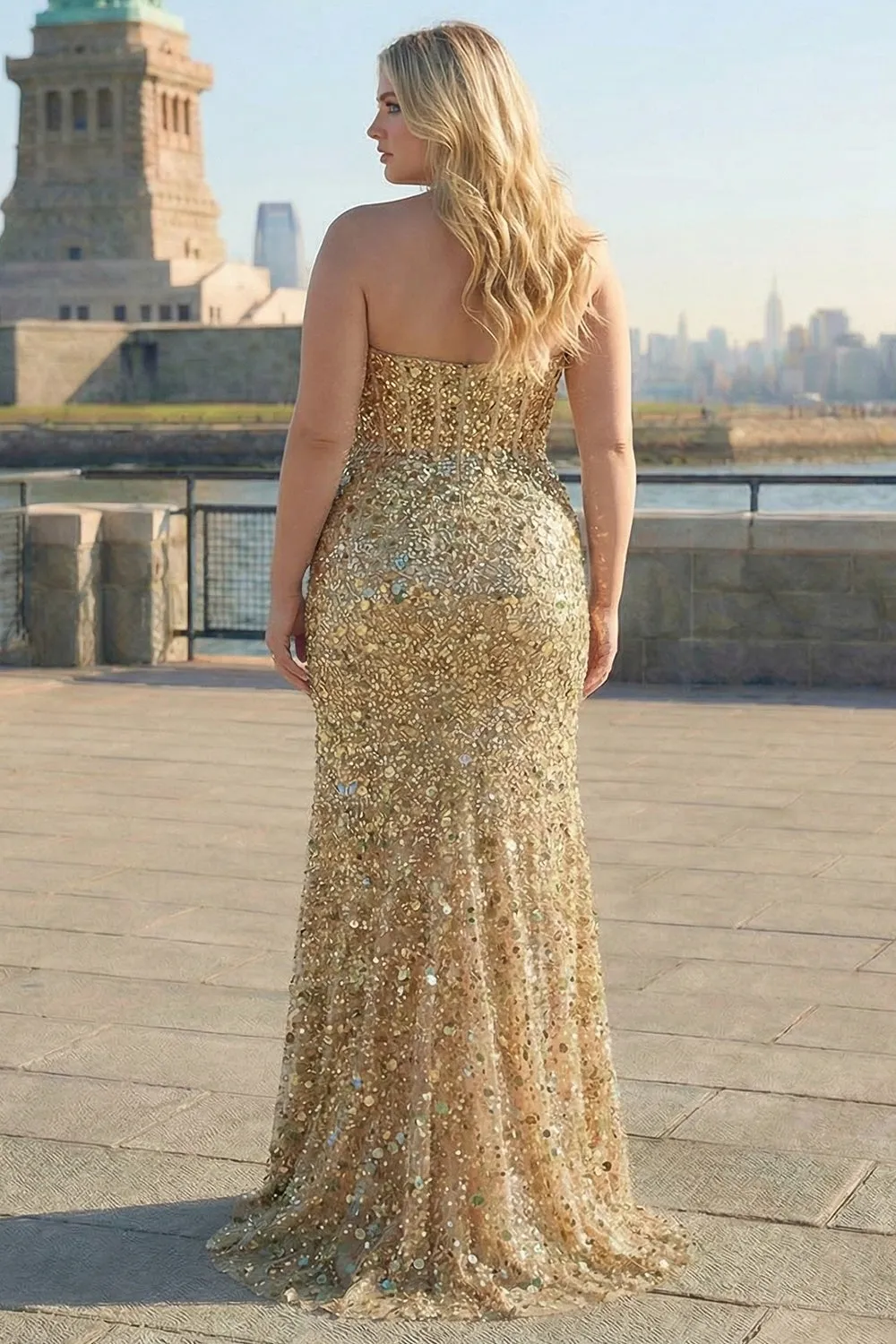 Sparkly Golden Strapless Sequins Sheath Plus Size Long Prom Dress with Slit sold by Zapaka product image thumbnail 2