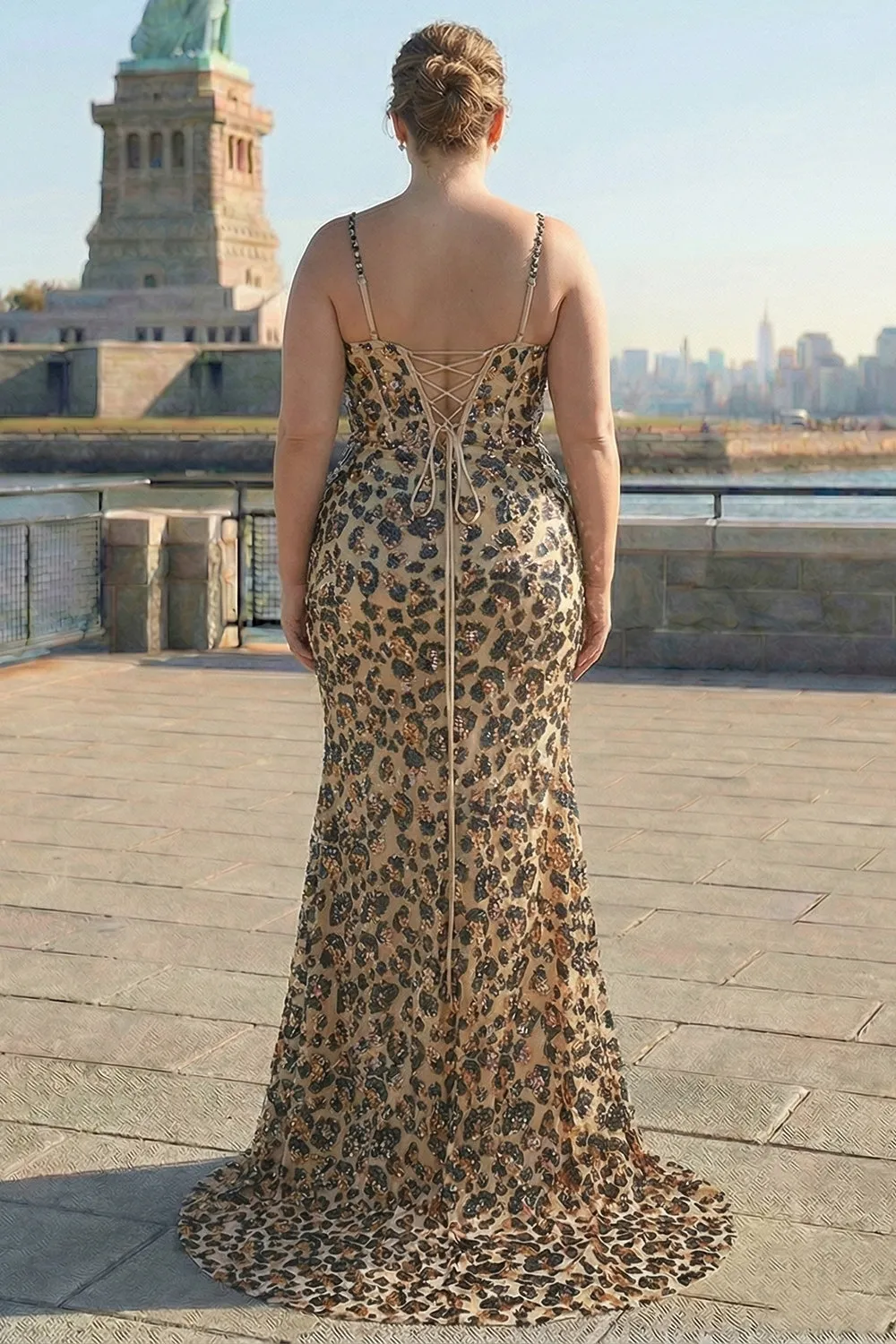 Mermaid Khaki Leopard Sequins Corset Plus Size Long Prom Dress with Slit sold by Zapaka product image thumbnail 2