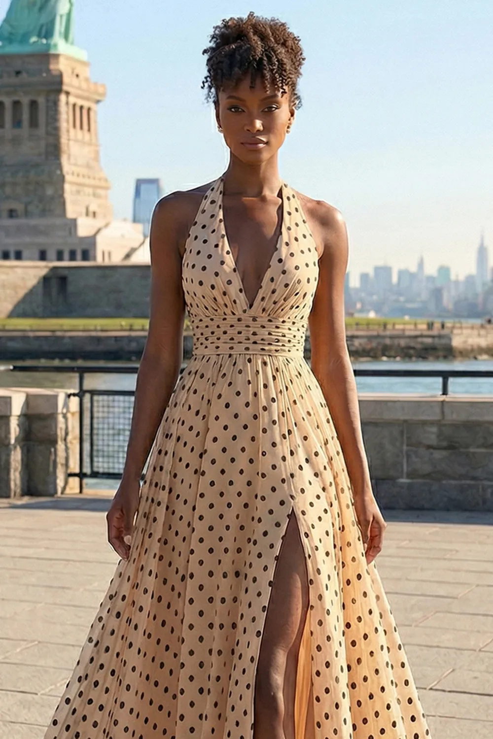 Apricot Black Dot A Line Halter Bowed Long Prom Dress with Slit sold by Zapaka product image thumbnail 3