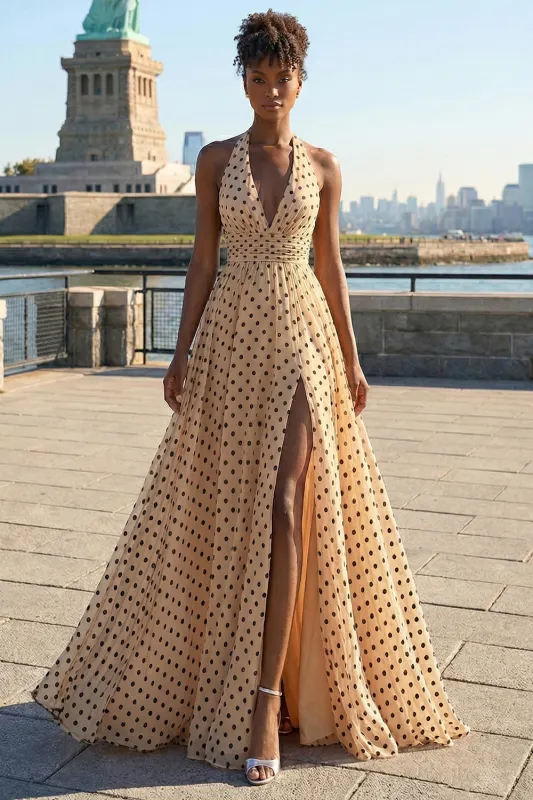 Apricot Black Dot A Line Halter Bowed Long Prom Dress with Slit made by Zapaka