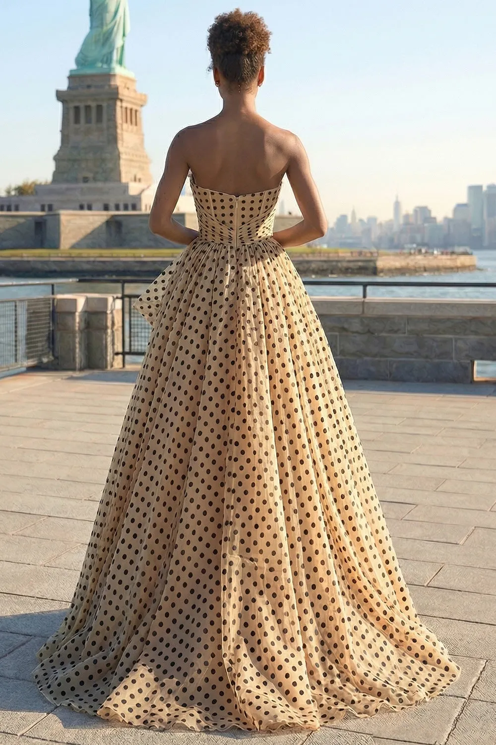 Strapless Apricot Black Dot A Line Ruffled Long Prom Dress sold by Zapaka product image thumbnail 2